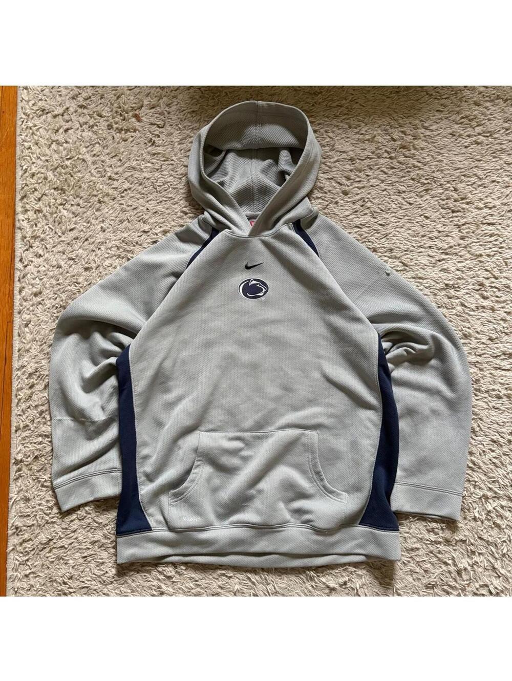 Mens Nike center swoosh Penn State gray hoodie with navy blue side panels